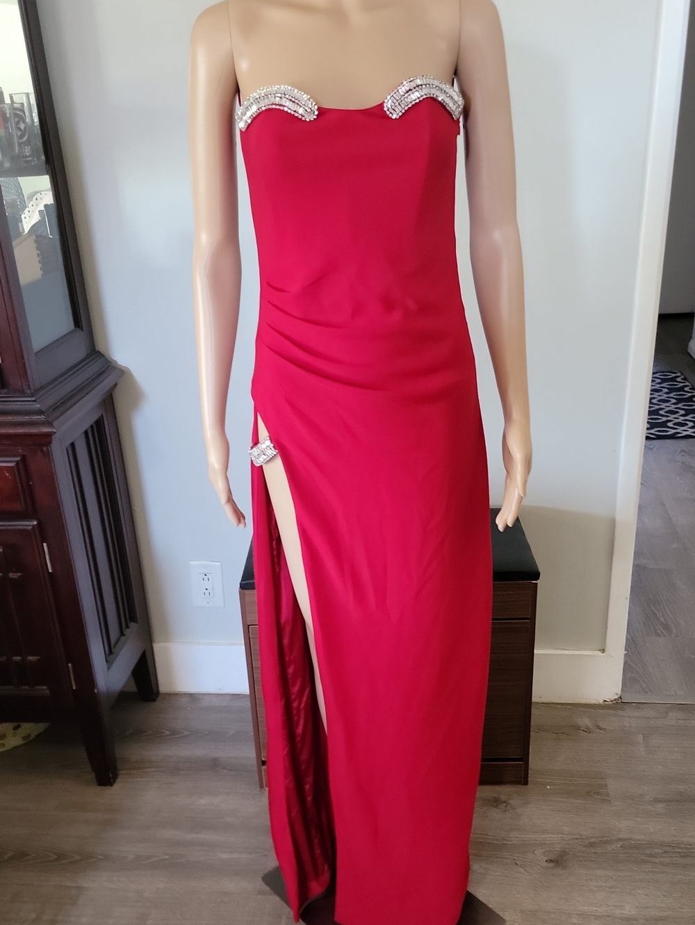 Luxxel Strapless Ruby Red Evening Gown with Jeweled Trim
